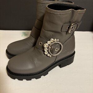 Karl Lagerfeld Gray Leather Marceau Embellished Buckle Boots Women's Sz. 6M NWOB